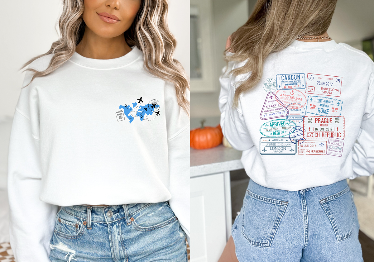 woman wearing a white pullover travel sweatshirt