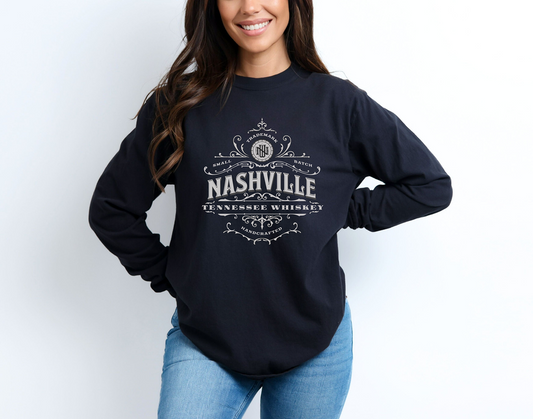 woman wearing black nashville tennessee  whiskey 
sweatshirt