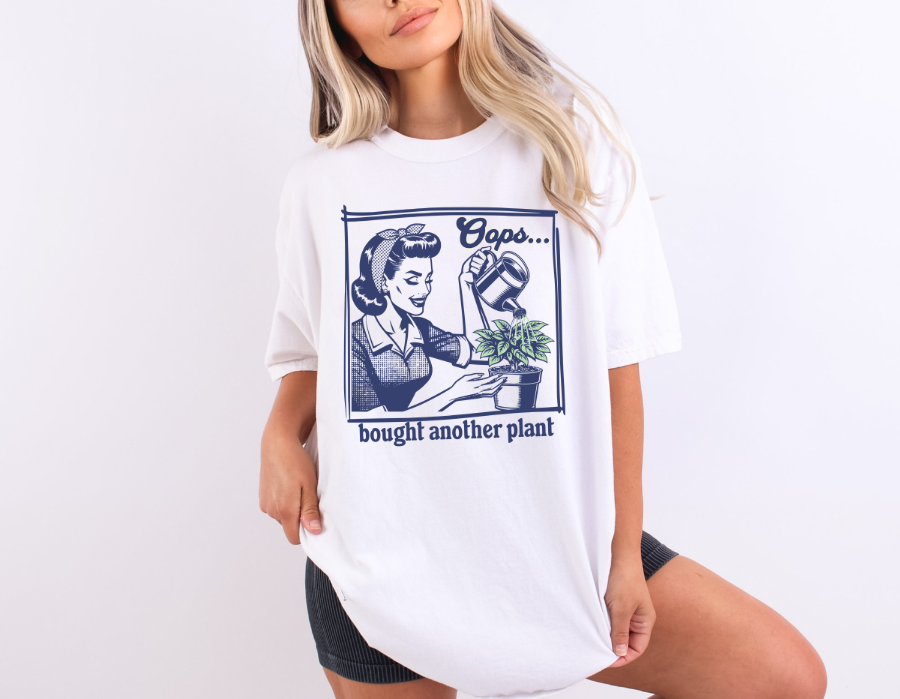 Woman Wearing  a retro vintage White plant t-shirt