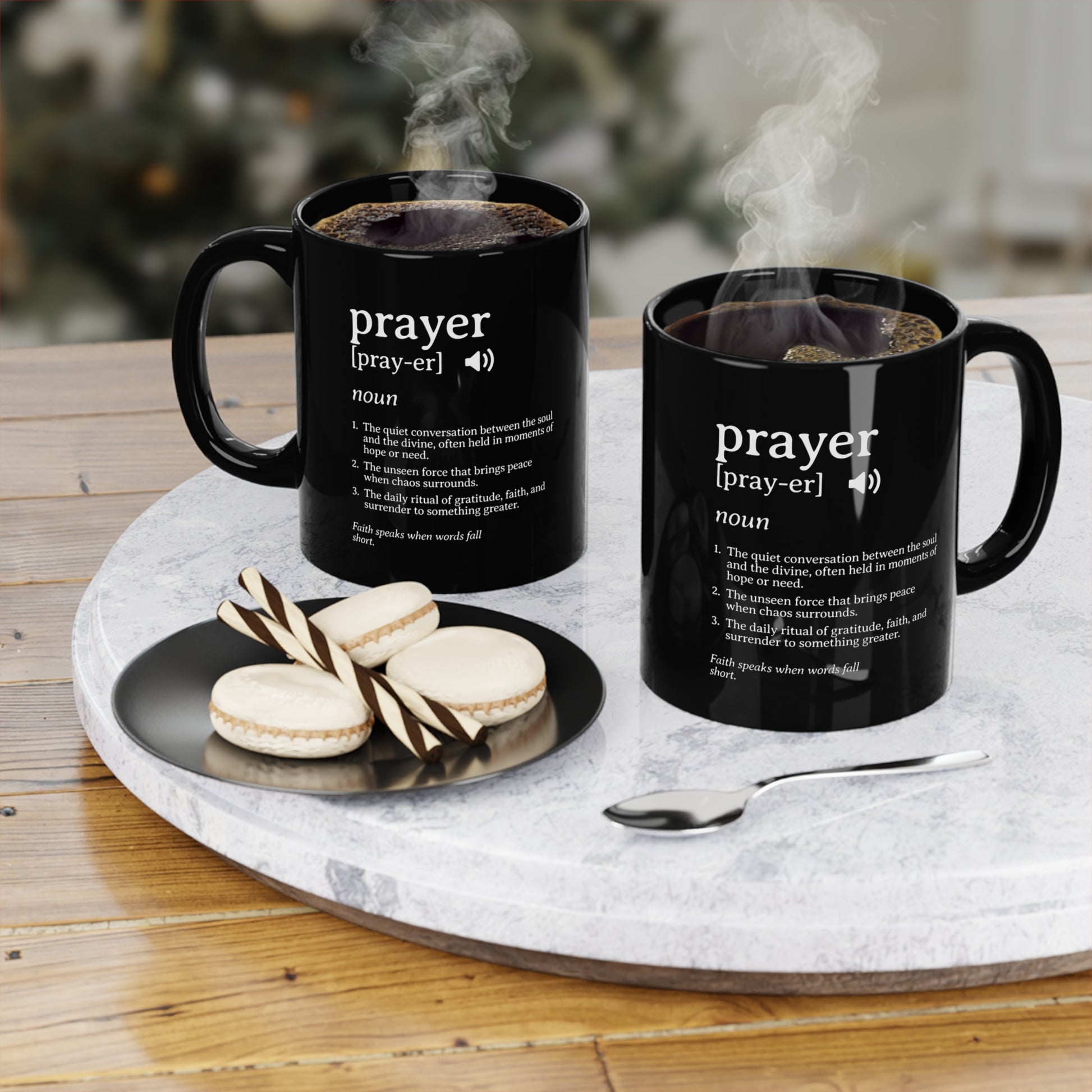 black 11oz ceramic coffee mug with the definition of prayer printed on it