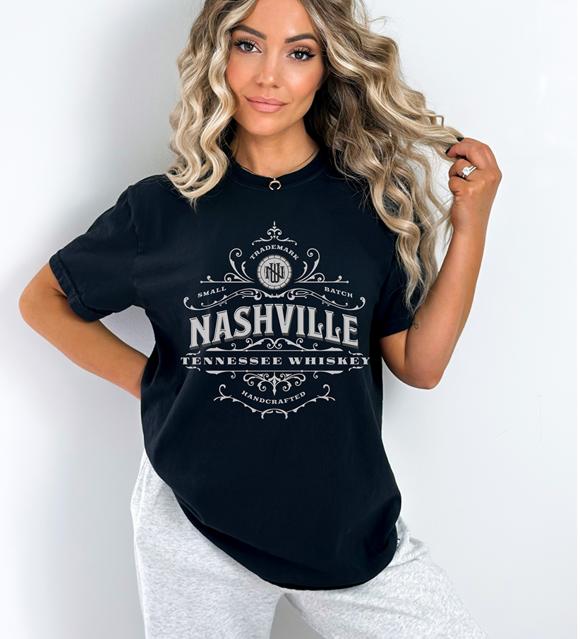 woman wearing a nashville tennessee handcrafted whiskey t-shirt