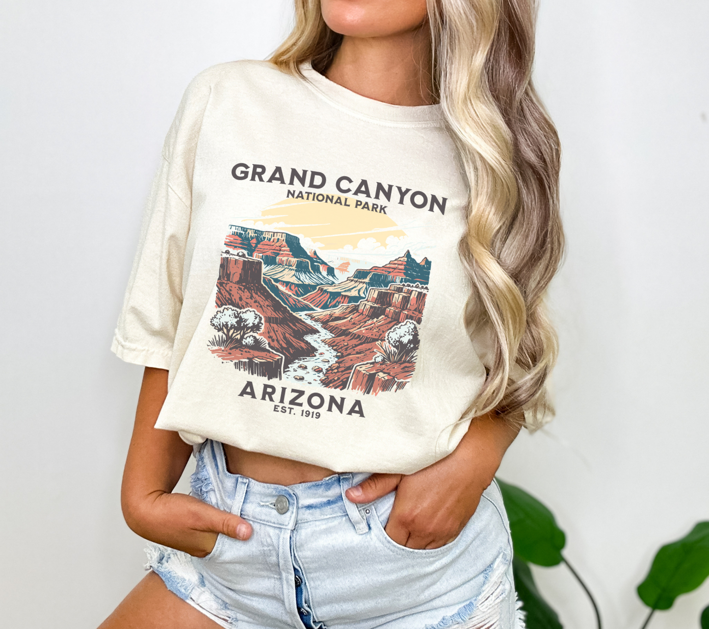 Woman Wearing A Vintage Style Grand Canyon National Park Arizona Graphic T-Shirt